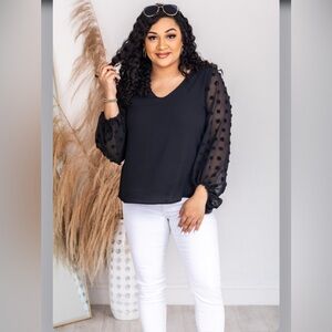 Pink Lily Black V-Neck Blouse with Sheer Sleeves